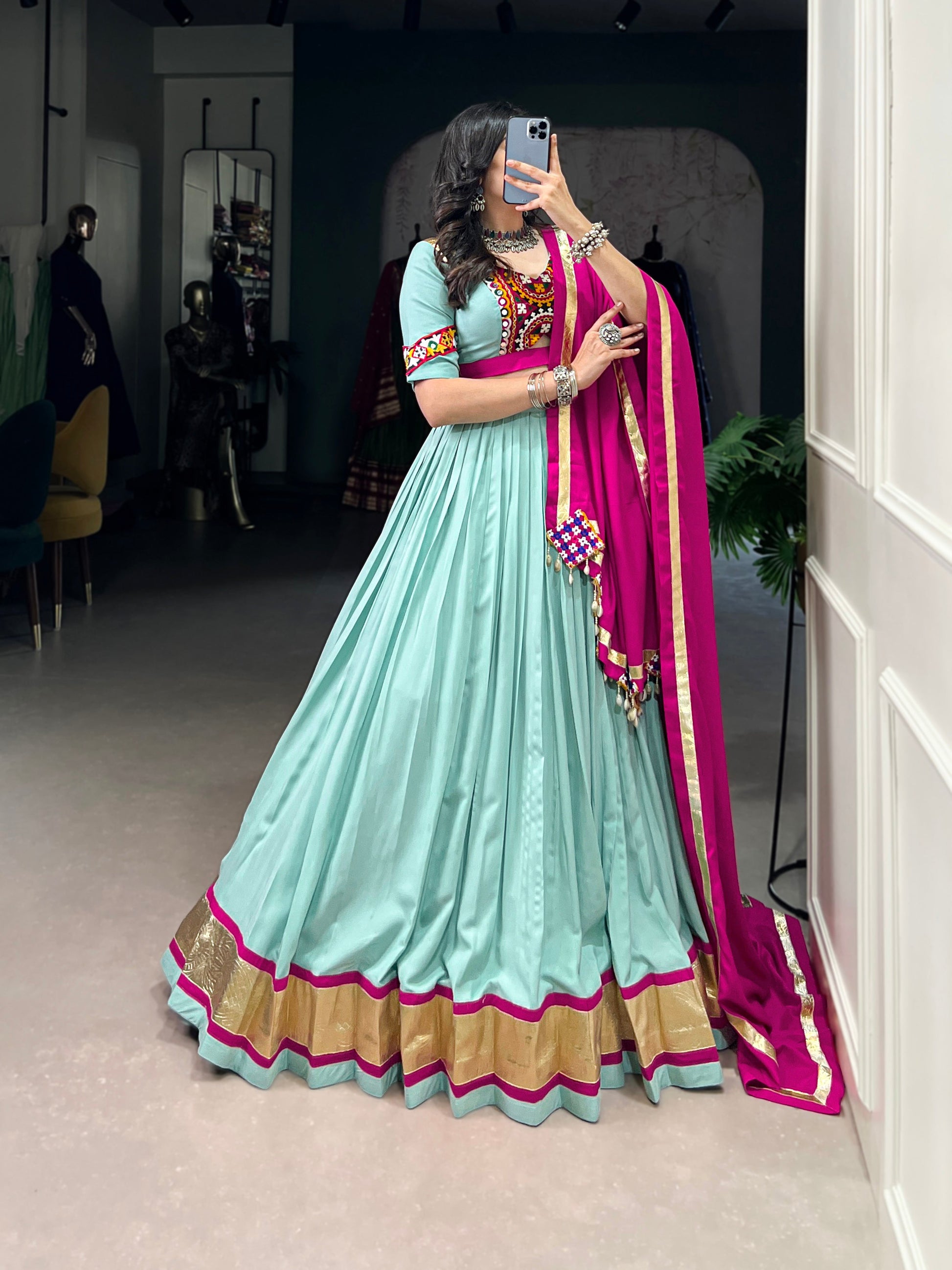Lorenvalley Seagreen Pure Rayon Embossed Design Lace Touch Up Lehenga Choli with Dupatta | Swadesiicart