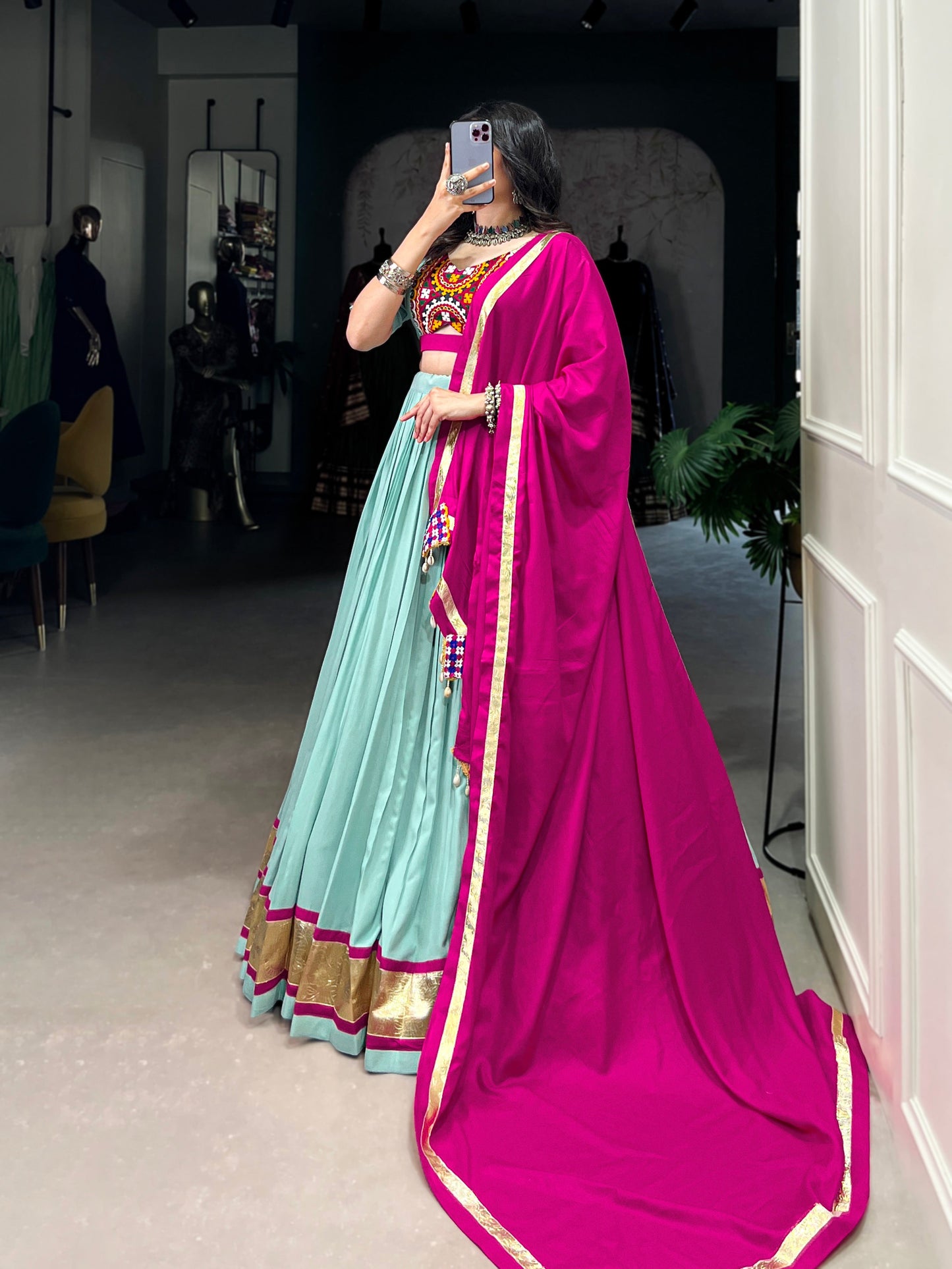 Lorenvalley Seagreen Pure Rayon Embossed Design Lace Touch Up Lehenga Choli with Dupatta | Swadesiicart