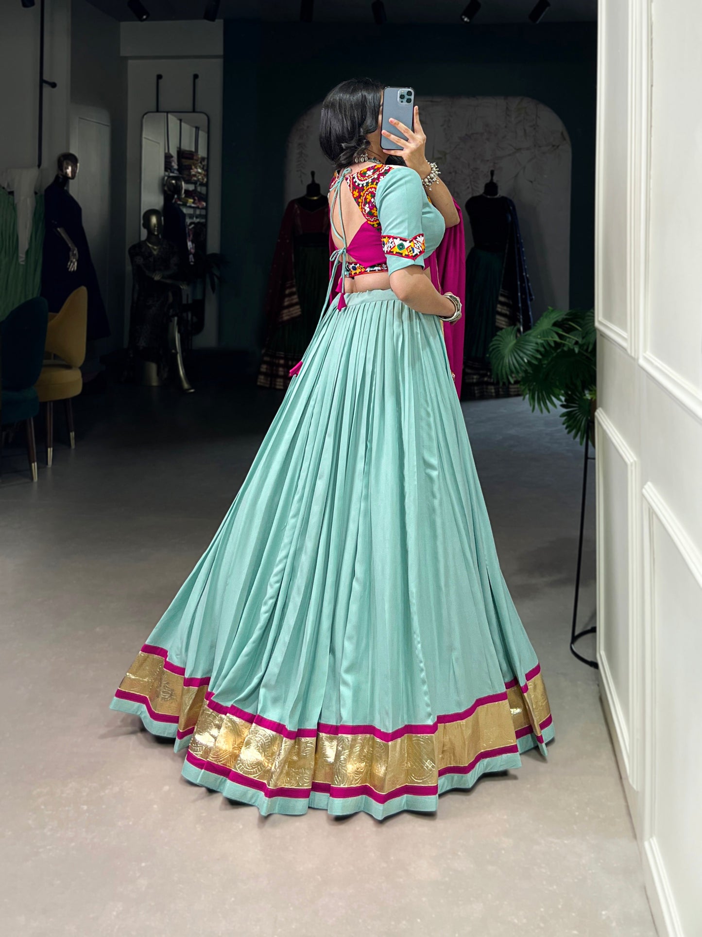 Lorenvalley Seagreen Pure Rayon Embossed Design Lace Touch Up Lehenga Choli with Dupatta | Swadesiicart