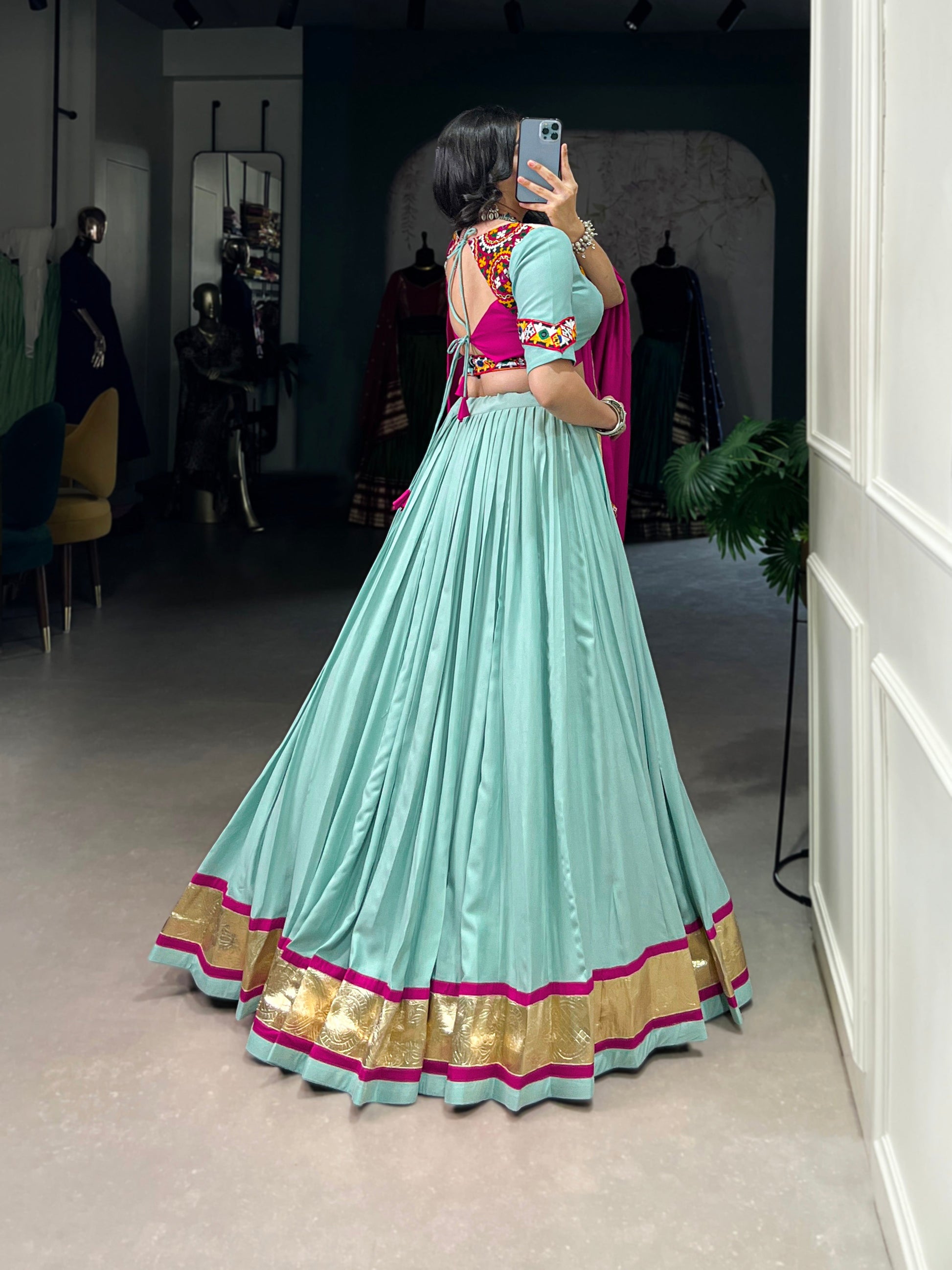 Lorenvalley Seagreen Pure Rayon Embossed Design Lace Touch Up Lehenga Choli with Dupatta | Swadesiicart