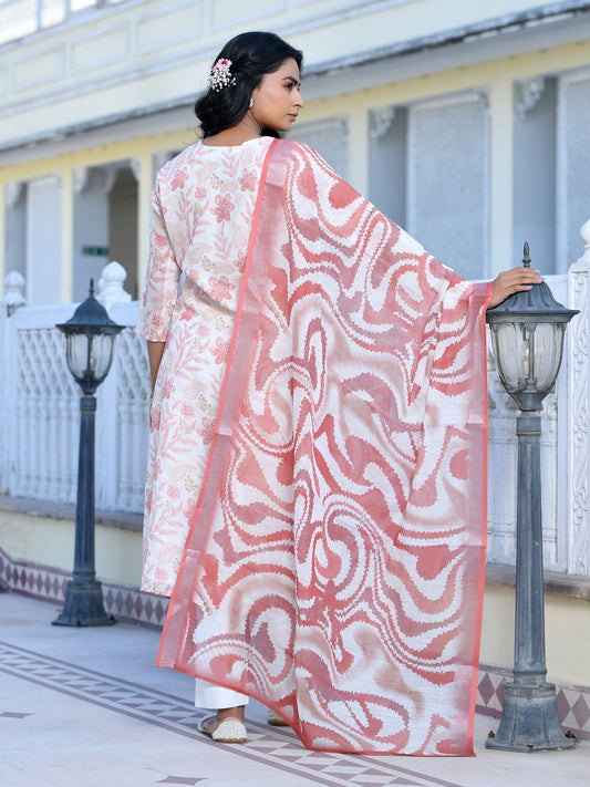 Vaasva Women's Cream Chocolate Linen Digital Printed Suit Set | Swadesiicart