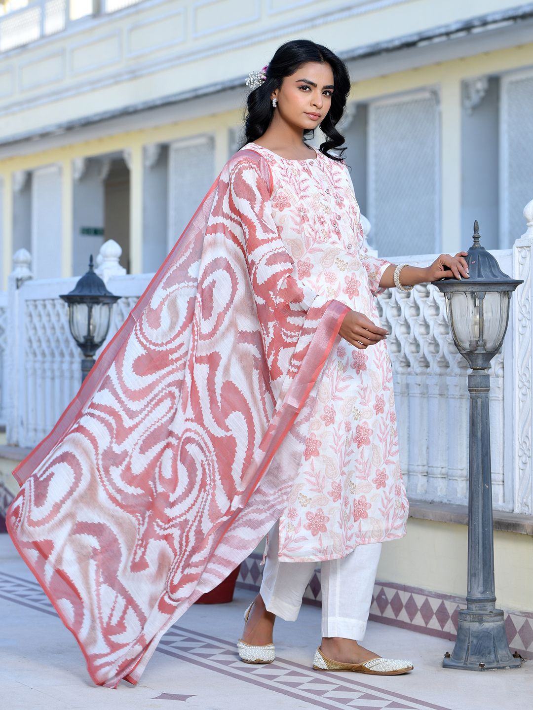 Vaasva Women's Cream Chocolate Linen Digital Printed Suit Set | Swadesiicart