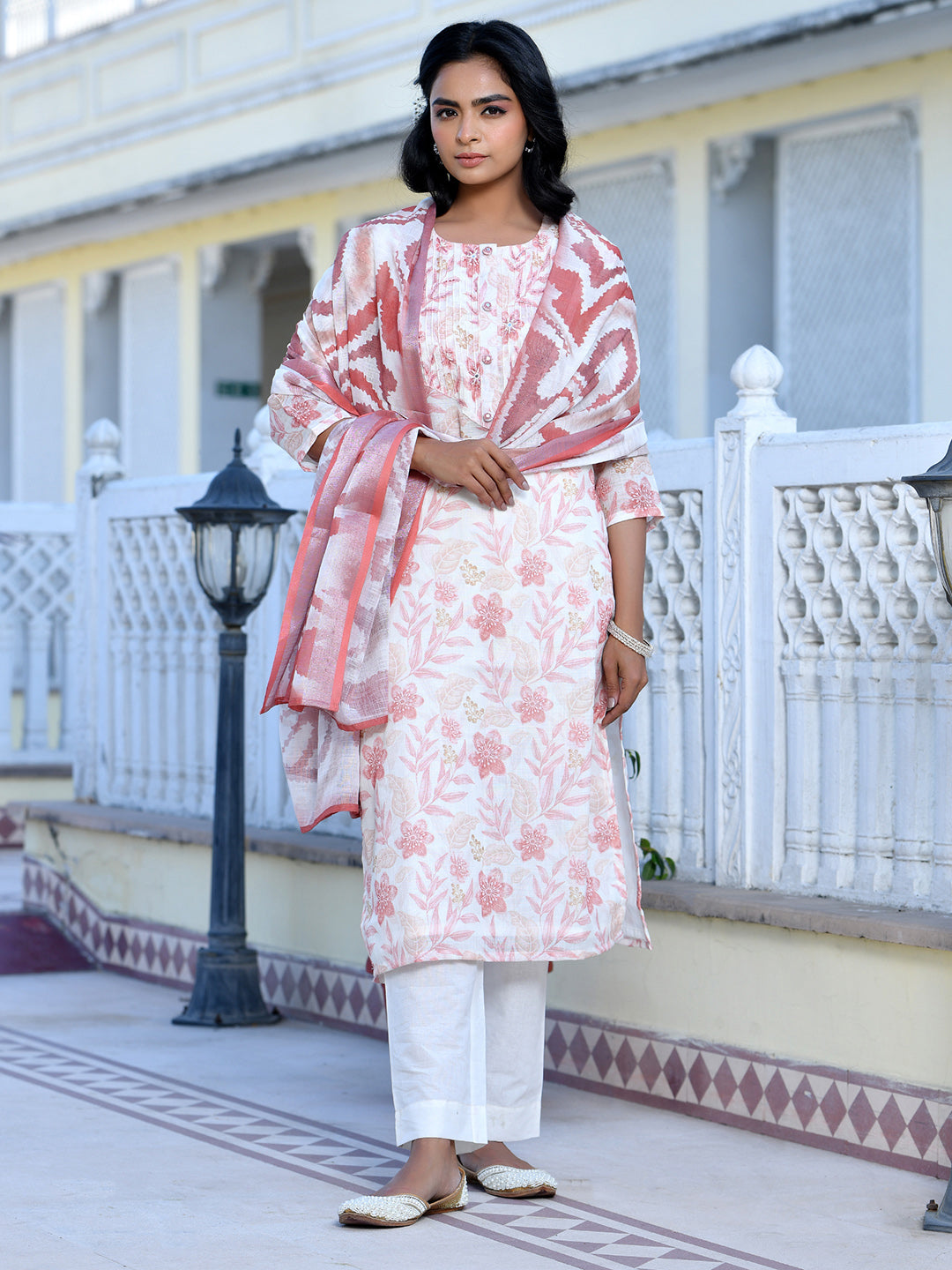 Vaasva Women's Cream Chocolate Linen Digital Printed Suit Set | Swadesiicart