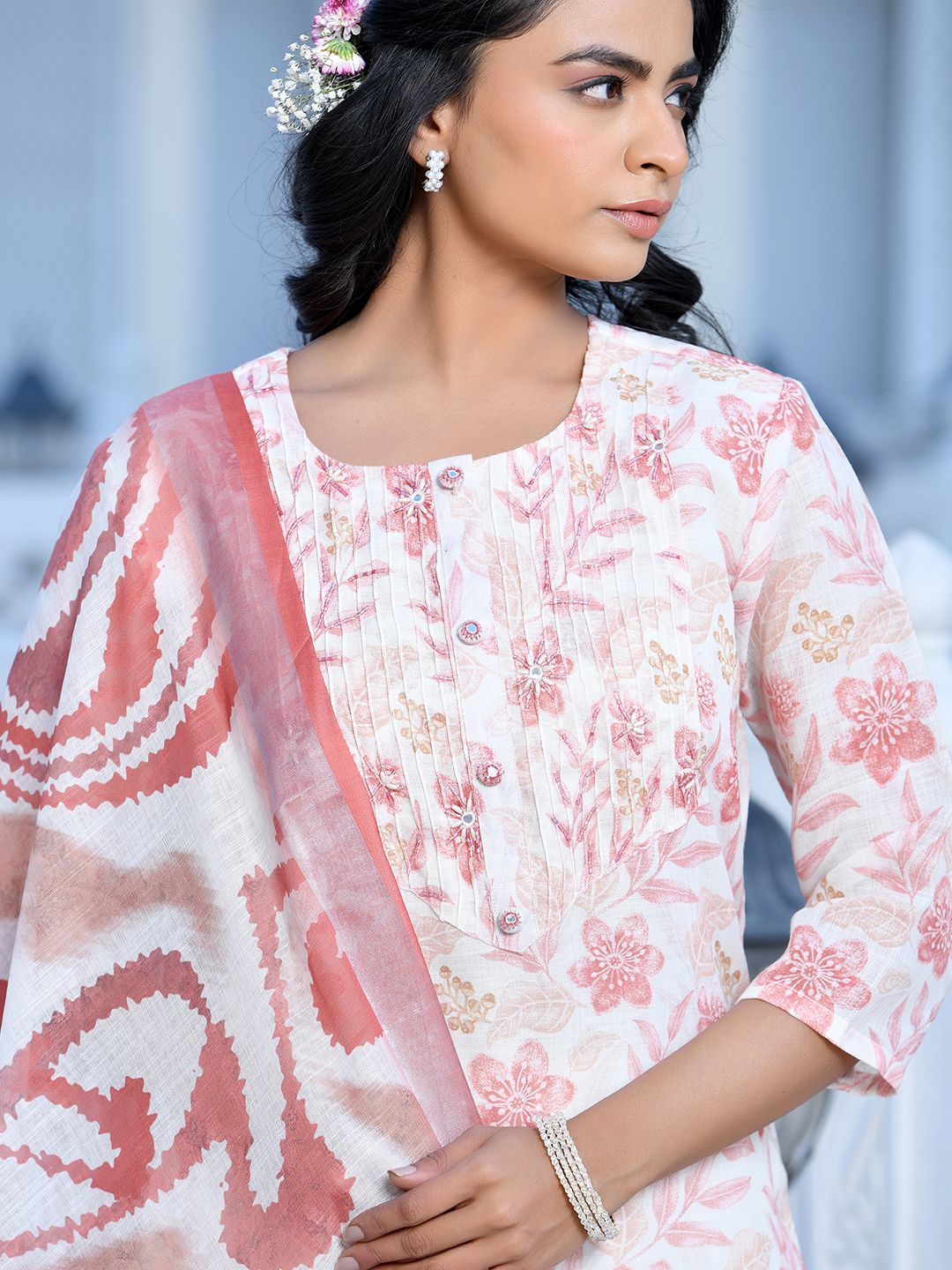 Vaasva Women's Cream Chocolate Linen Digital Printed Suit Set | Swadesiicart