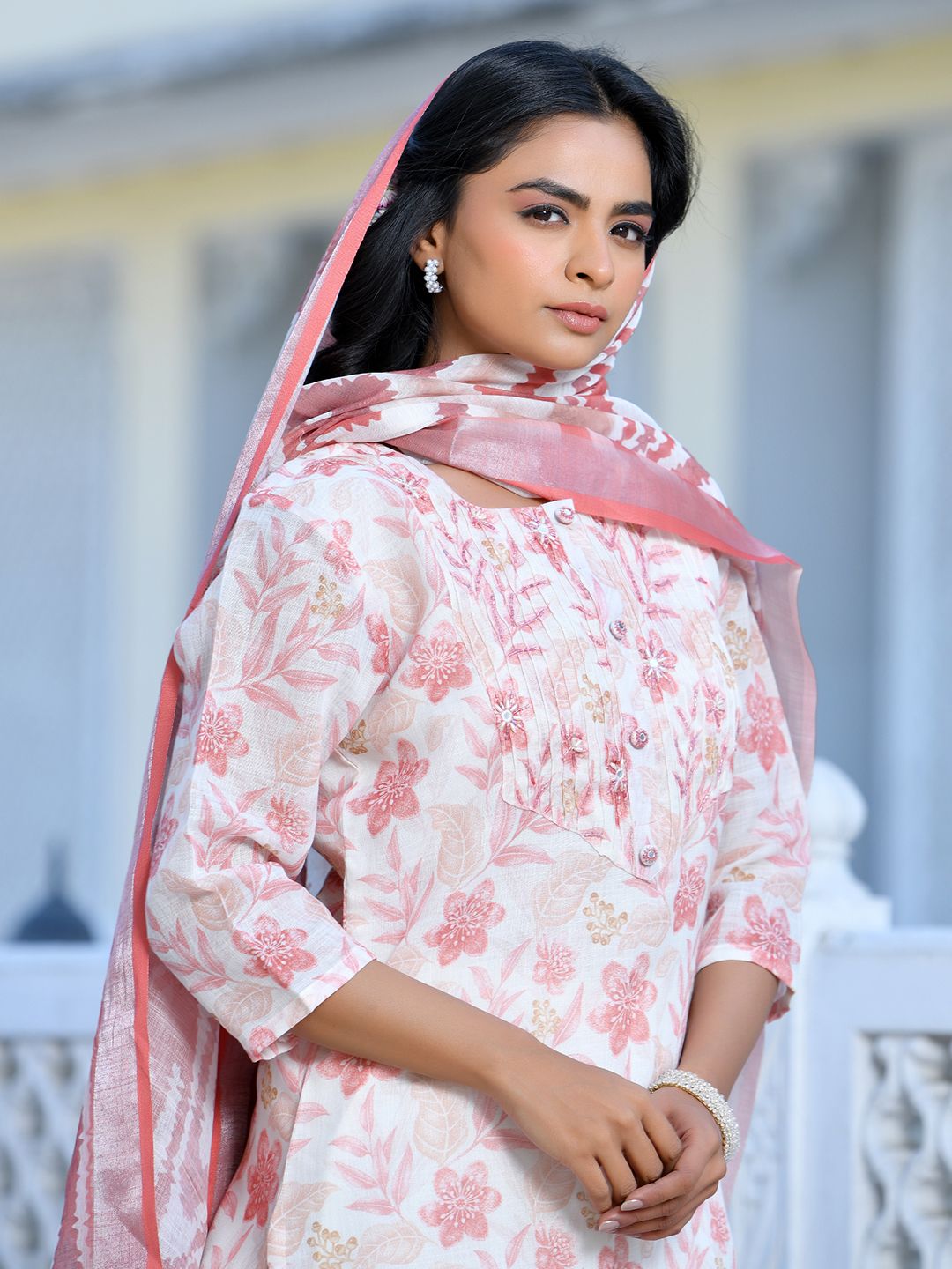 Vaasva Women's Cream Chocolate Linen Digital Printed Suit Set | Swadesiicart