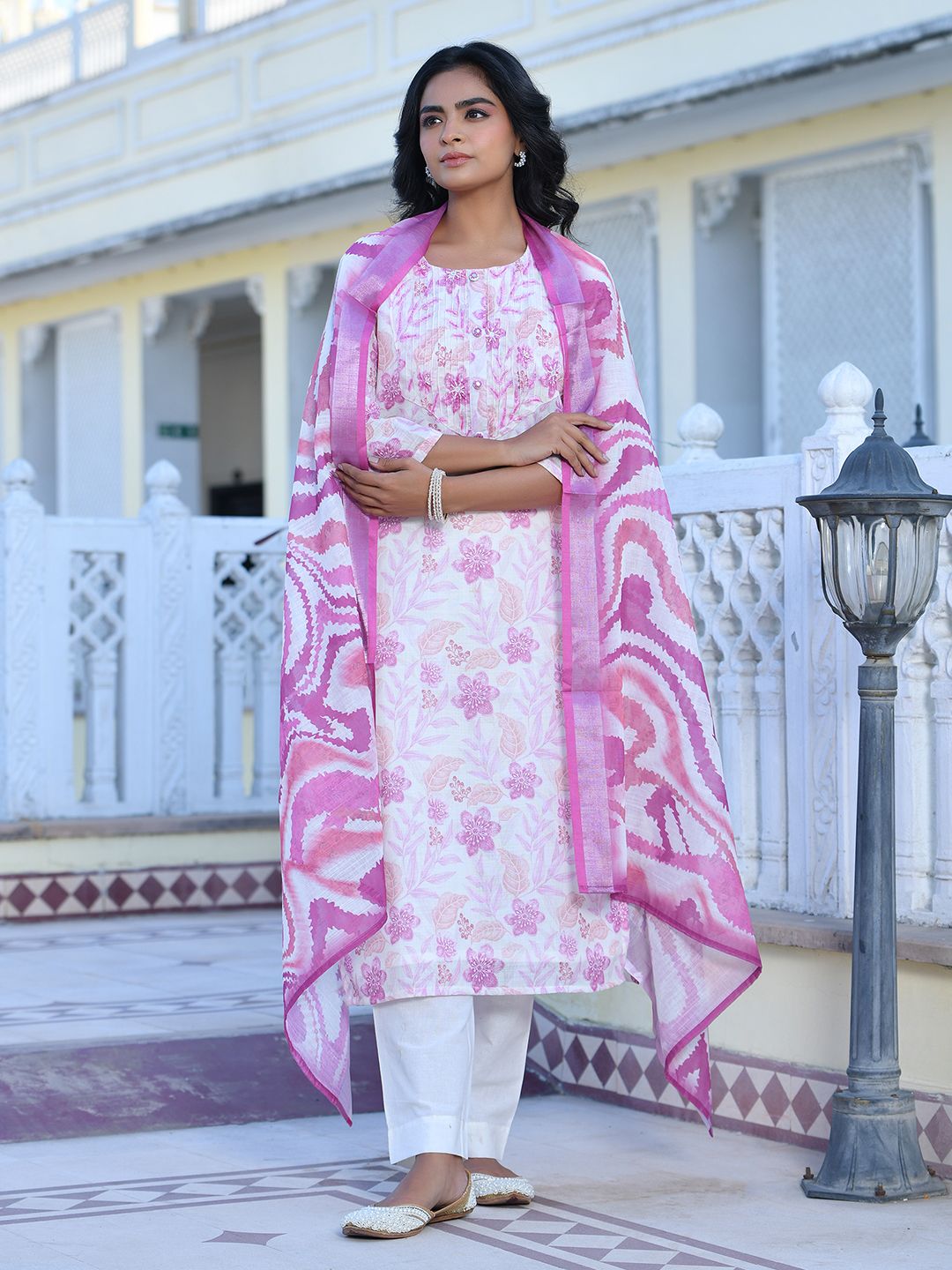 Vaasva Women's Cream Purple Linen Digital Printed Suit Set | Swadesiicart