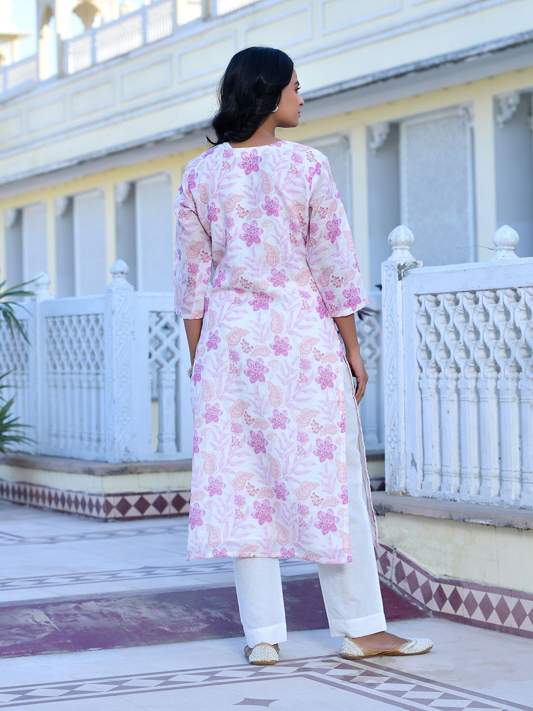 Vaasva Women's Cream Purple Linen Digital Printed Suit Set | Swadesiicart
