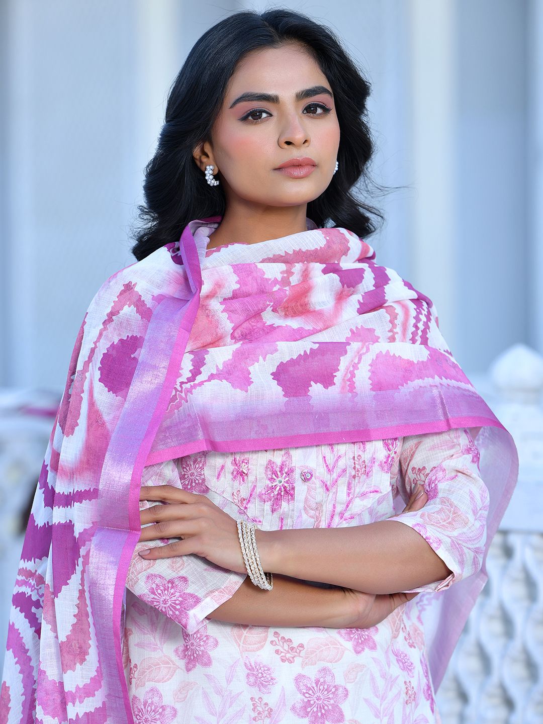 Vaasva Women's Cream Purple Linen Digital Printed Suit Set | Swadesiicart