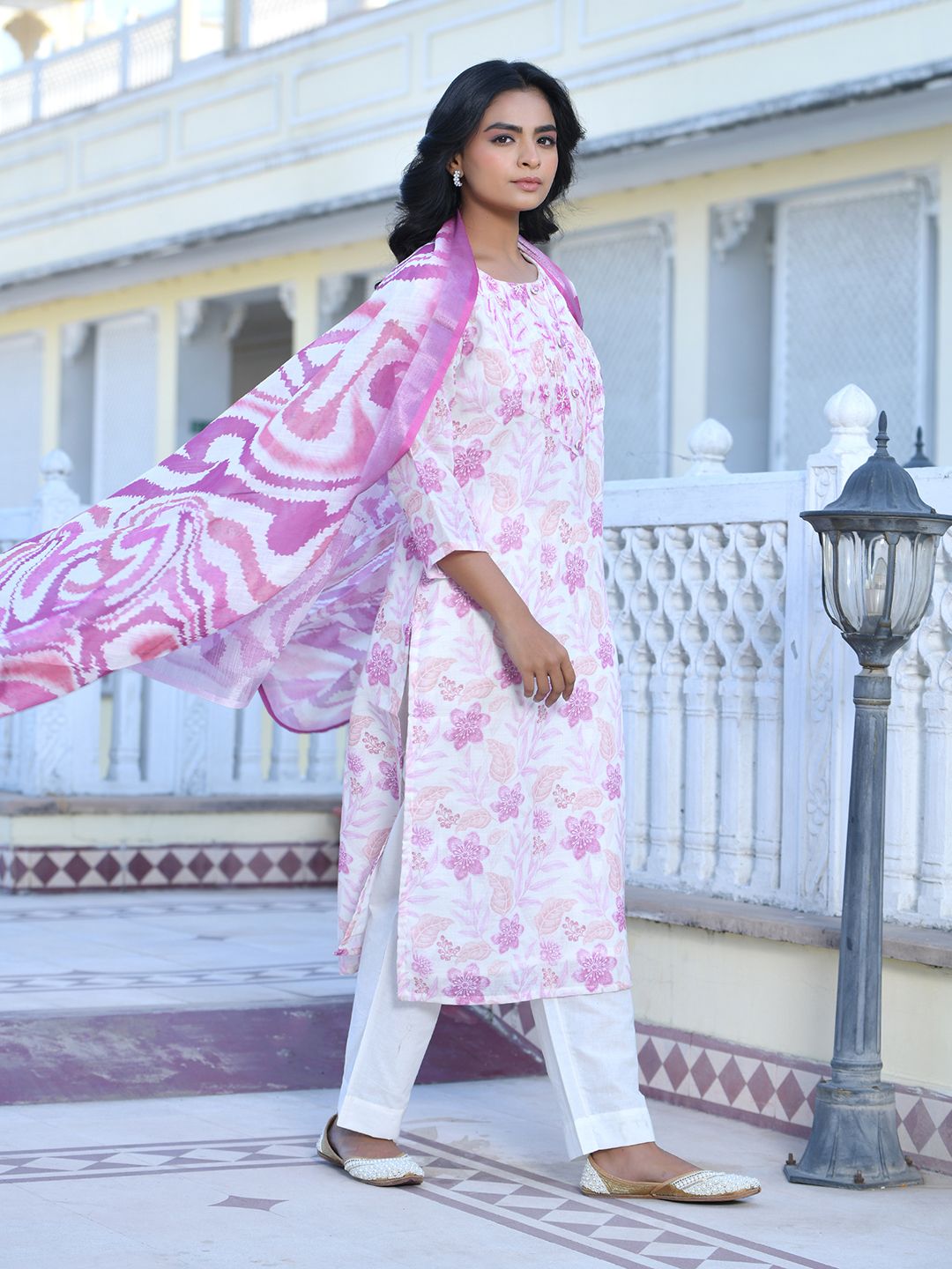 Vaasva Women's Cream Purple Linen Digital Printed Suit Set | Swadesiicart