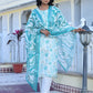 Vaasva Women's Cream Turquoise Linen Digital Printed Suit Set | Swadesiicart