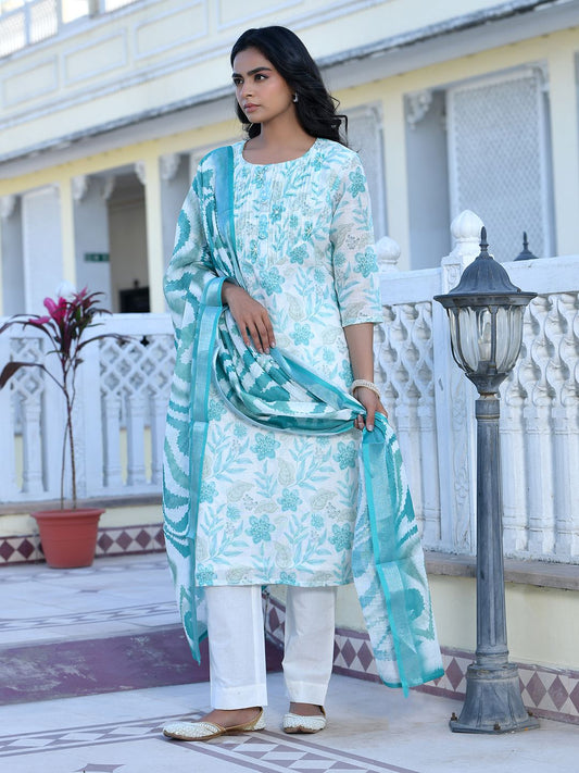Vaasva Women's Cream Turquoise Linen Digital Printed Suit Set | Swadesiicart