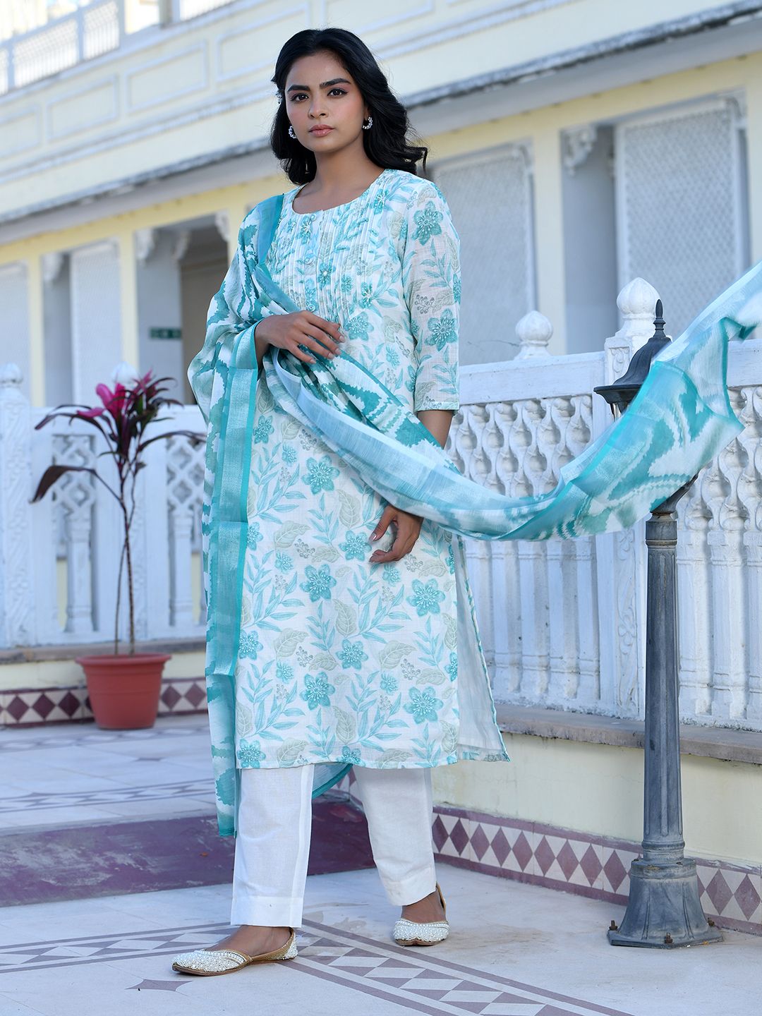 Vaasva Women's Cream Turquoise Linen Digital Printed Suit Set | Swadesiicart