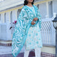 Vaasva Women's Cream Turquoise Linen Digital Printed Suit Set | Swadesiicart