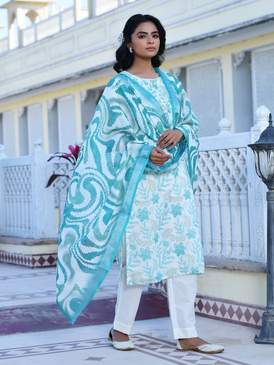 Vaasva Women's Cream Turquoise Linen Digital Printed Suit Set | Swadesiicart