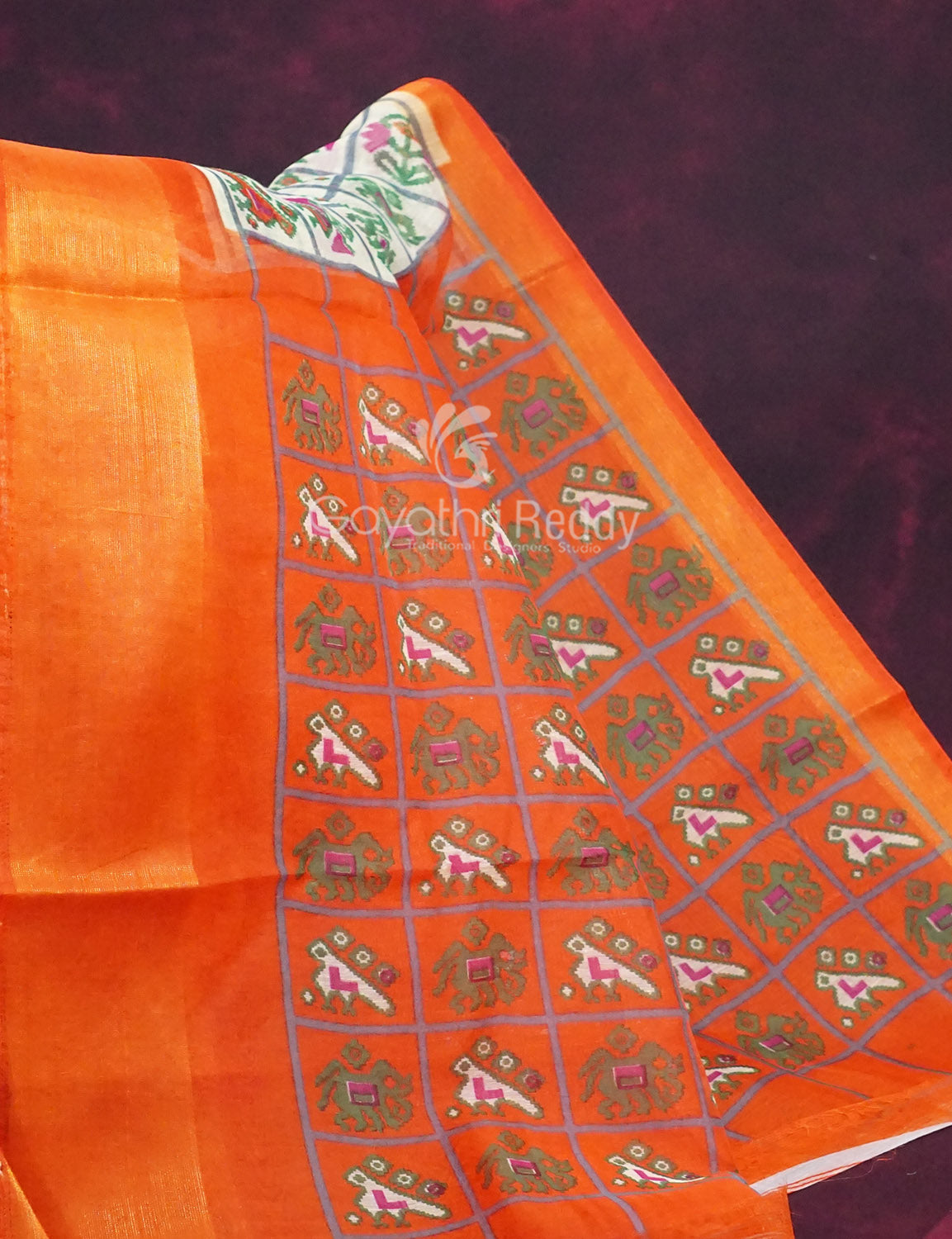 Shades of Cream And Orange Colour Blouse Patola Design Semi Chanderi Saree By Gayathri Reddy Designer Studio | Swadesiicart