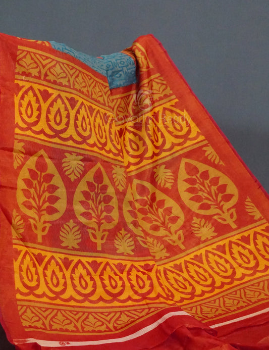 Sea Blue Colour With Tomato Red Blouse Cotton Brasso Saree By Gayathri Reddy Designer Studio | Swadesiicart