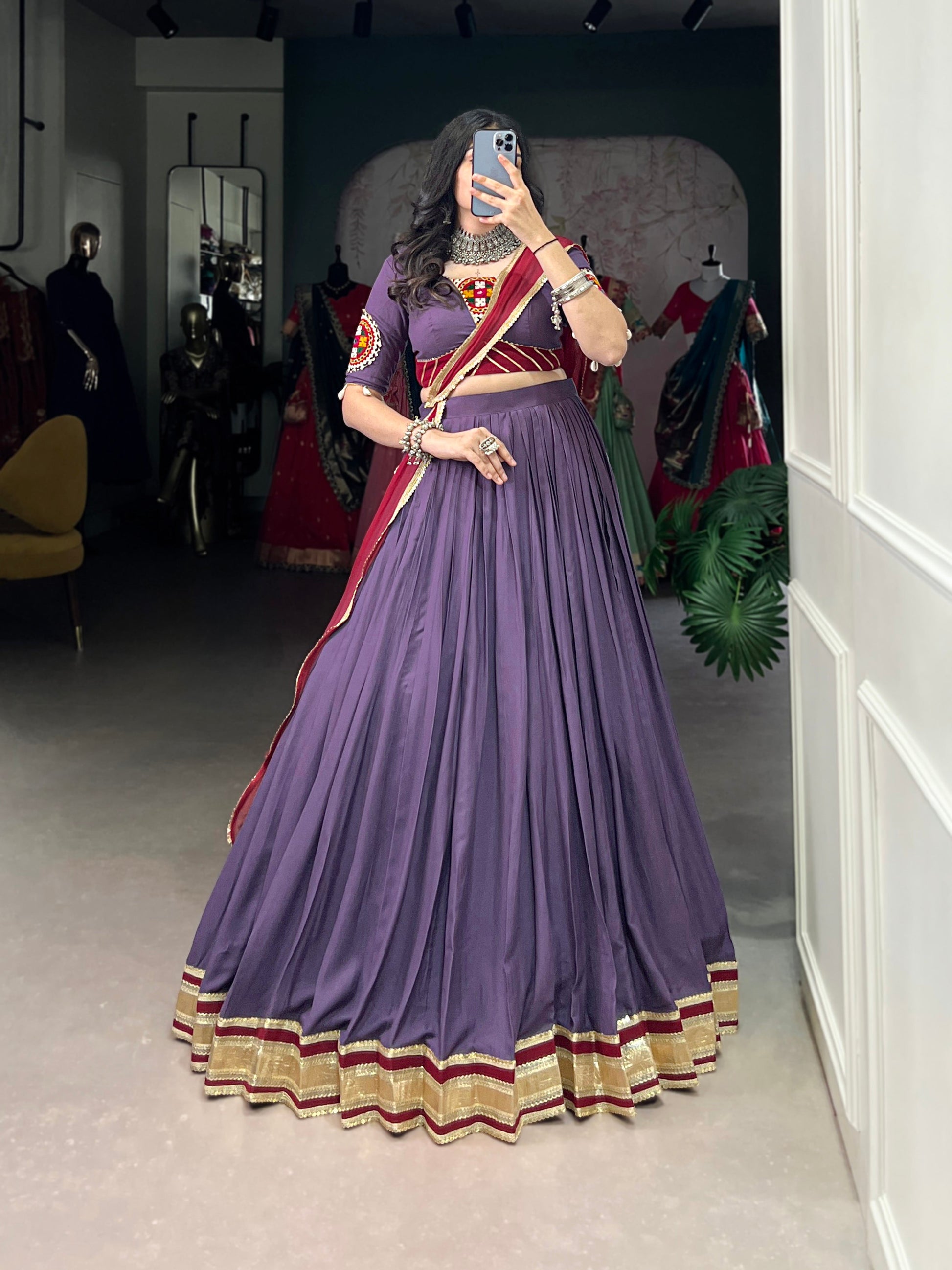 Lorenvalley Mauve Pure Rayon Embossed Design With Sequins Lace Border Lehenga Choli with Dupatta | Swadesiicart