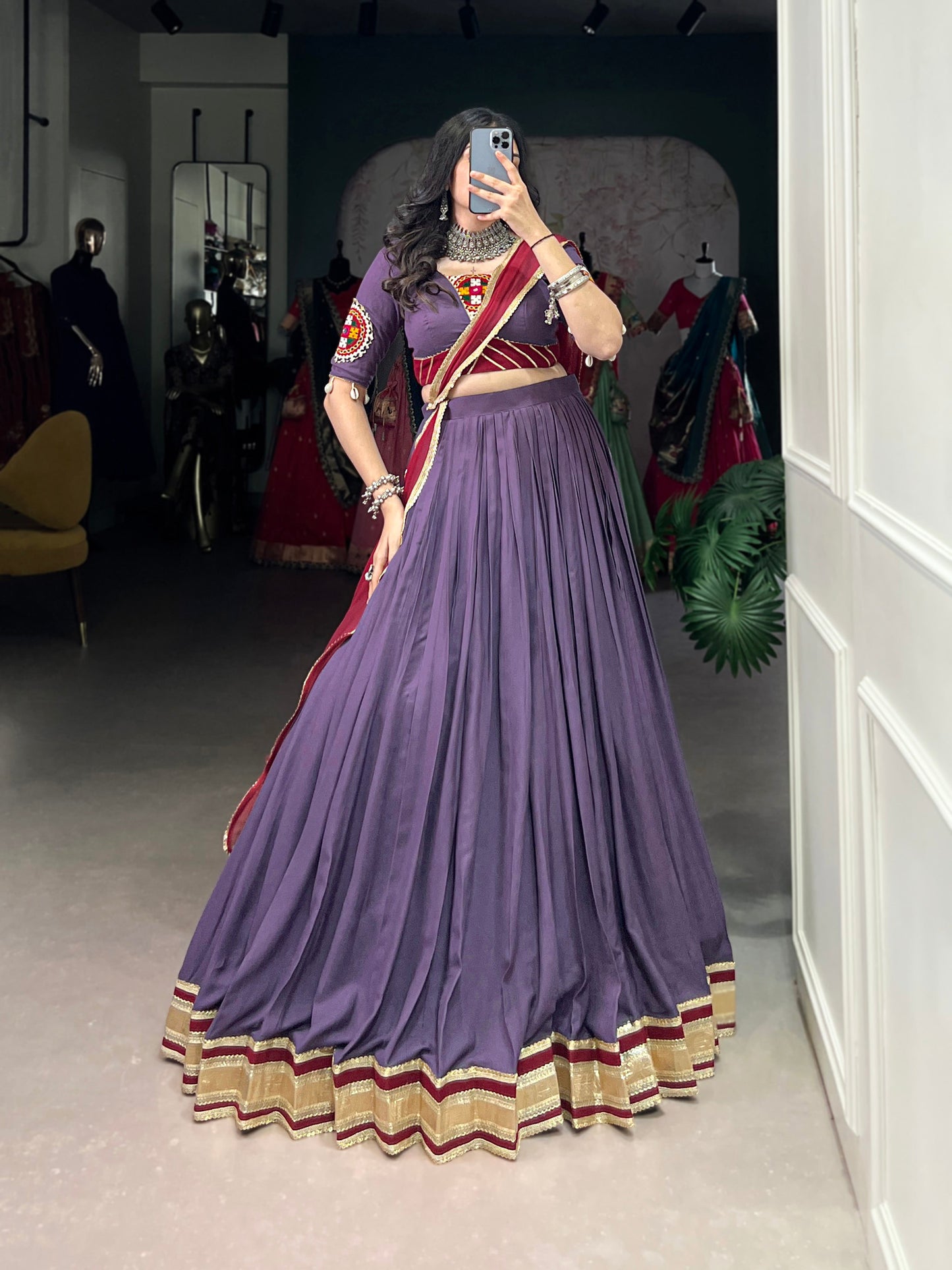 Lorenvalley Mauve Pure Rayon Embossed Design With Sequins Lace Border Lehenga Choli with Dupatta | Swadesiicart