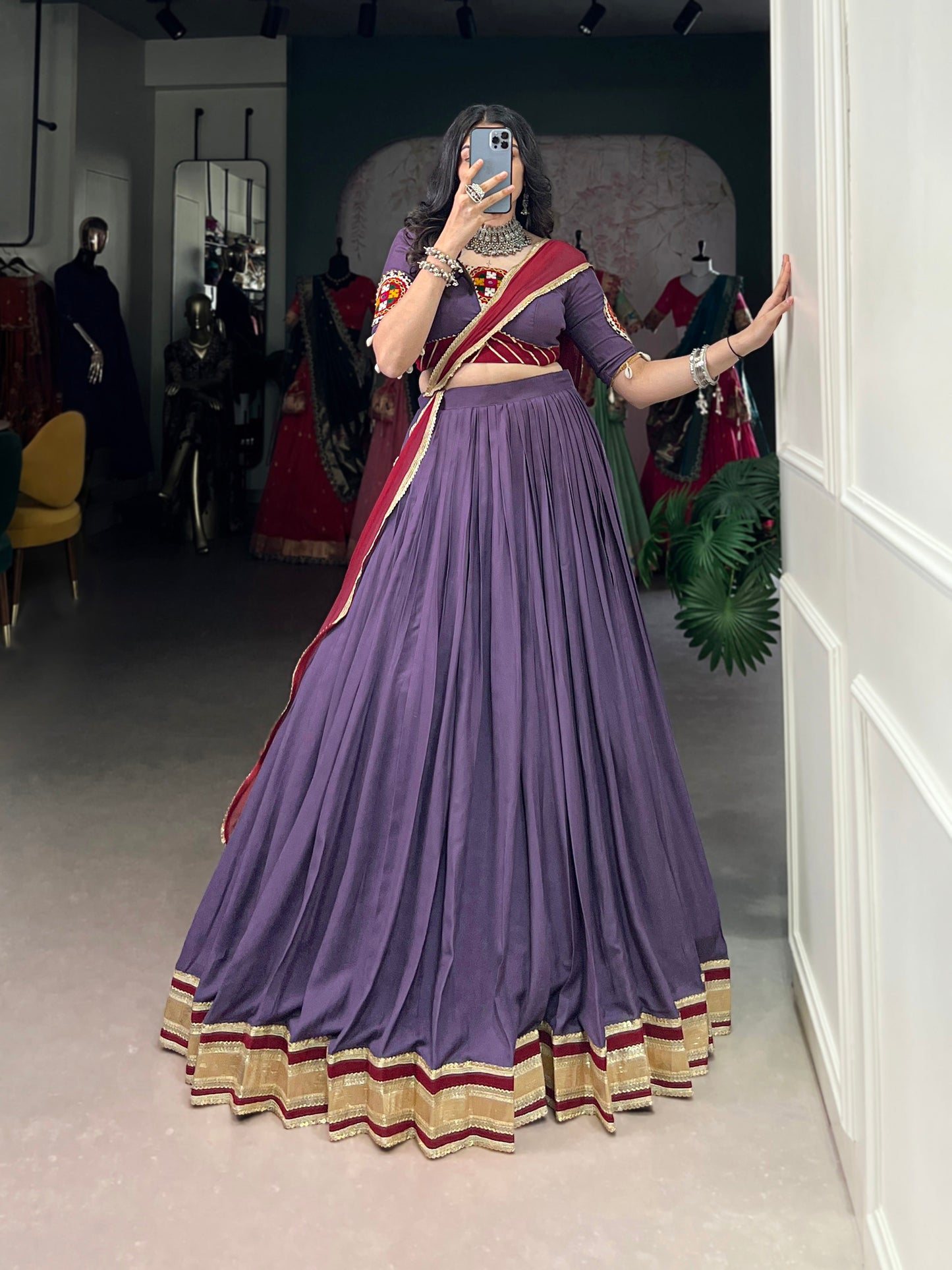 Lorenvalley Mauve Pure Rayon Embossed Design With Sequins Lace Border Lehenga Choli with Dupatta | Swadesiicart