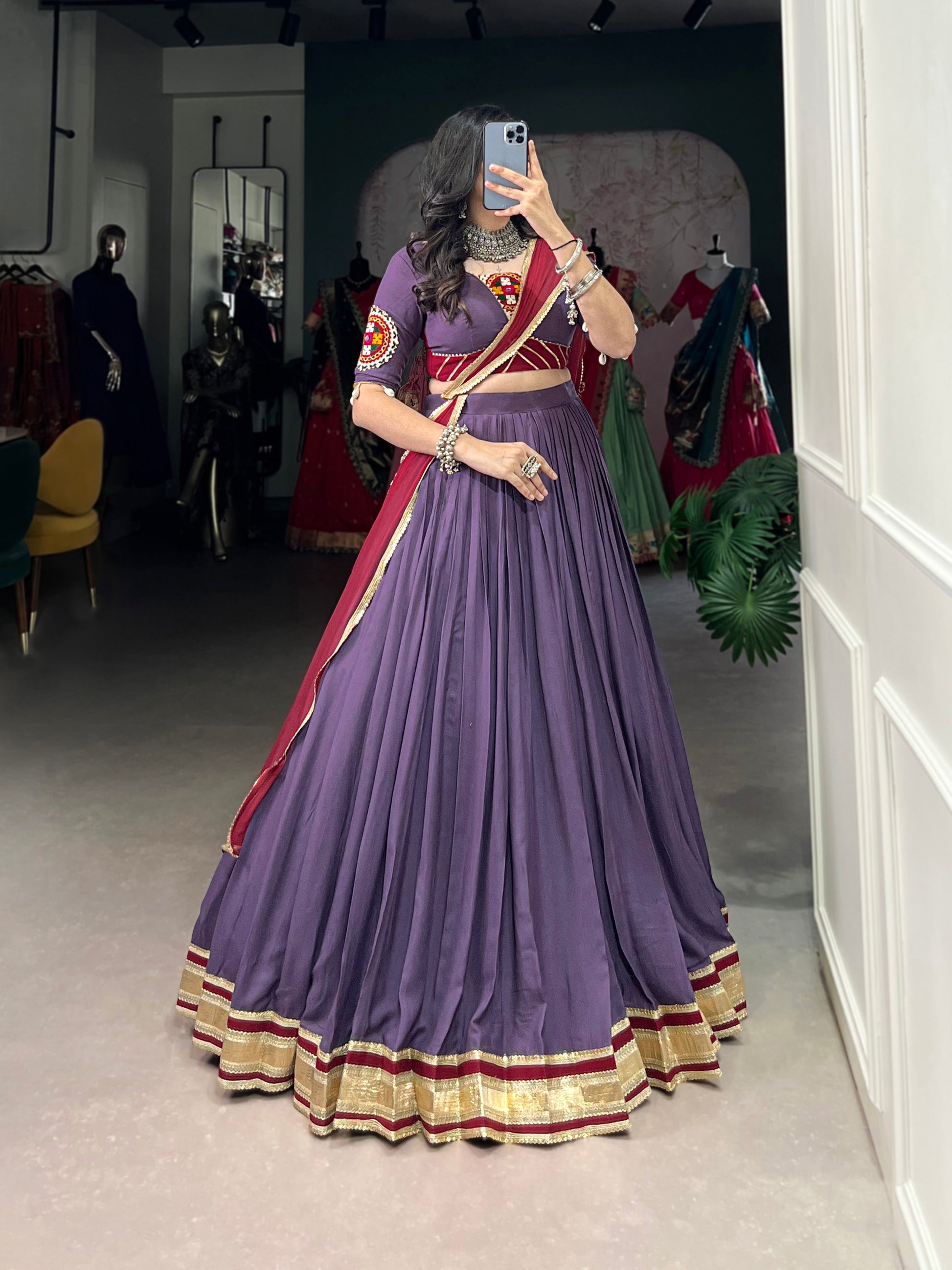 Lorenvalley Mauve Pure Rayon Embossed Design With Sequins Lace Border Lehenga Choli with Dupatta | Swadesiicart