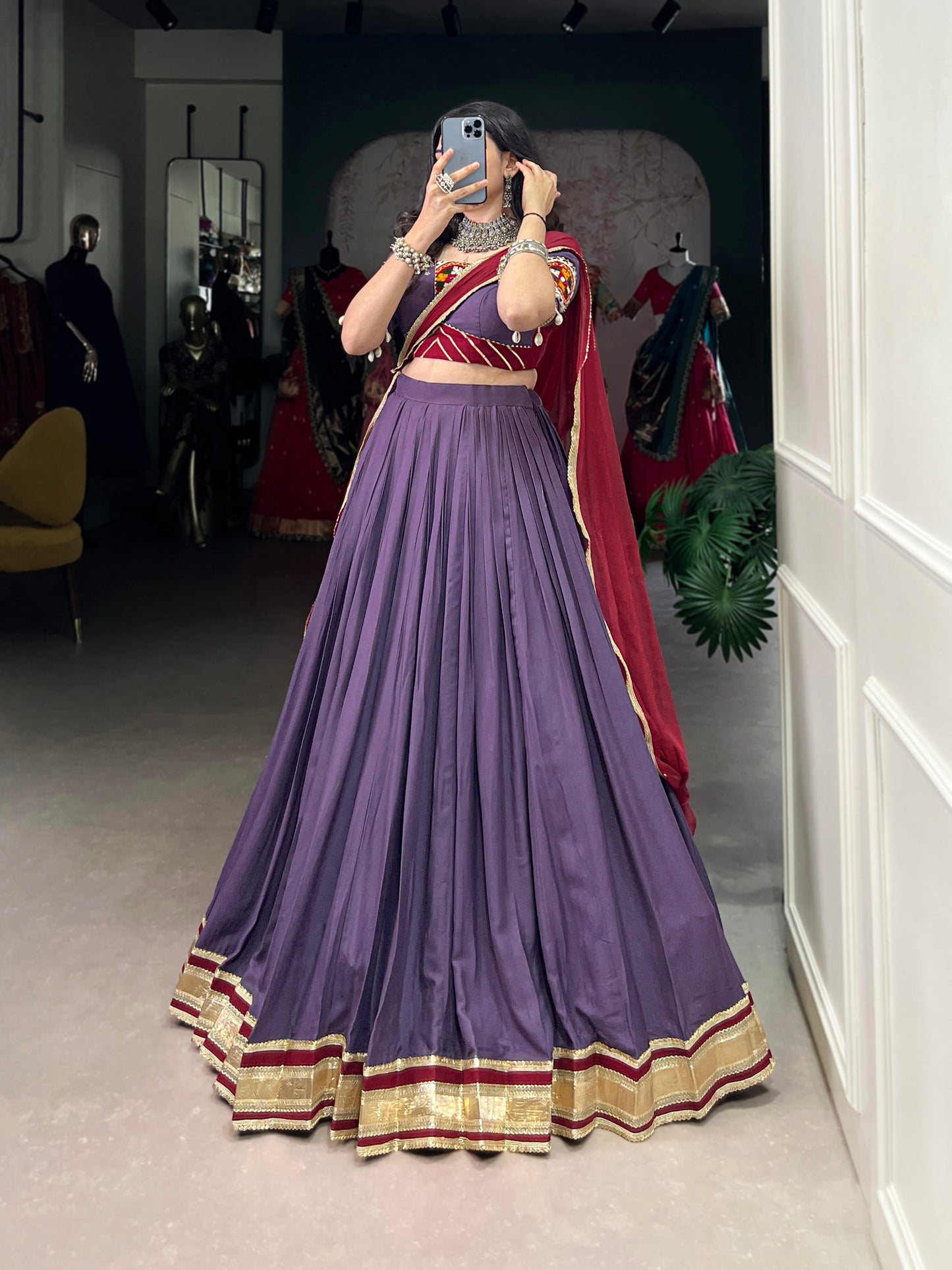 Lorenvalley Mauve Pure Rayon Embossed Design With Sequins Lace Border Lehenga Choli with Dupatta | Swadesiicart