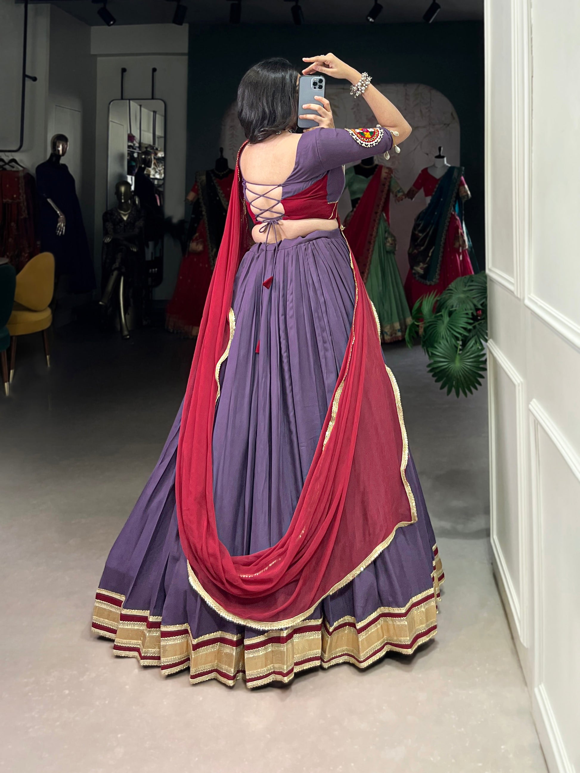 Lorenvalley Mauve Pure Rayon Embossed Design With Sequins Lace Border Lehenga Choli with Dupatta | Swadesiicart