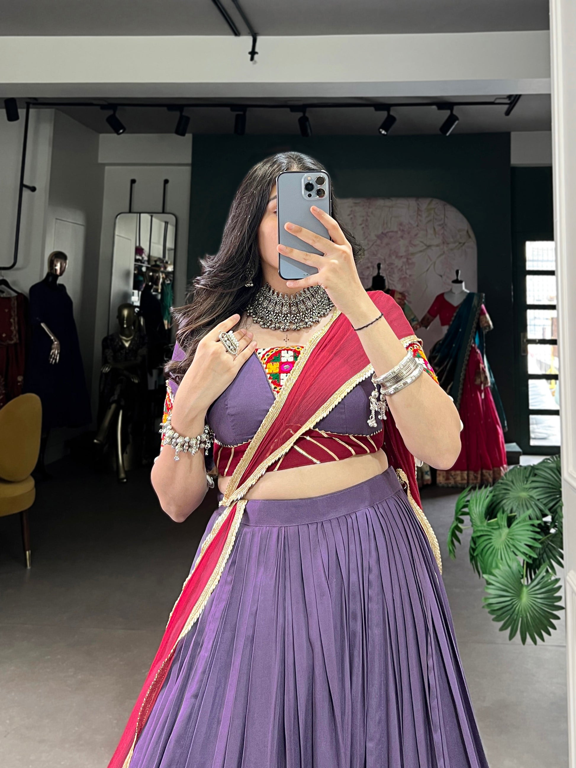 Lorenvalley Mauve Pure Rayon Embossed Design With Sequins Lace Border Lehenga Choli with Dupatta | Swadesiicart
