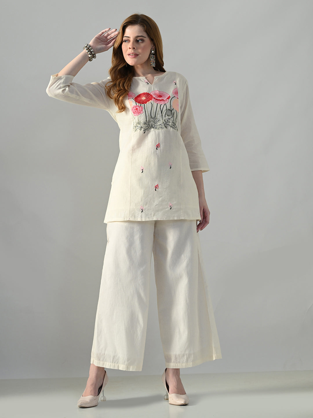 Myshka Women Off White Multicolor Thread Embroidered Co-Ord Set - Swadesiicart
