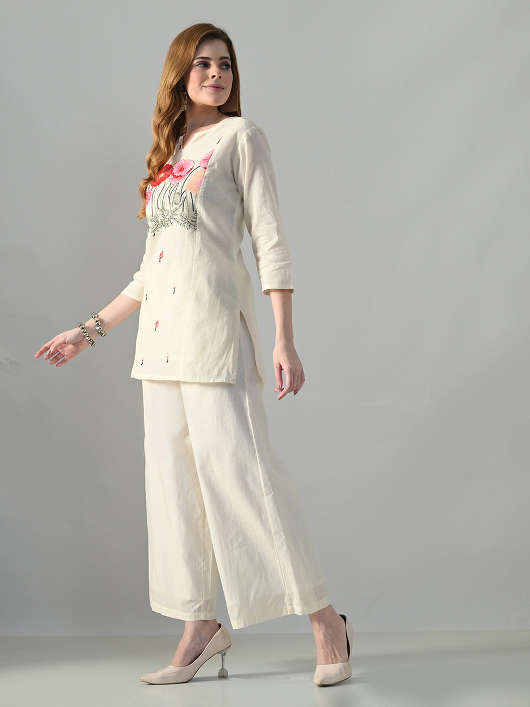 Myshka Women Off White Multicolor Thread Embroidered Co-Ord Set - Swadesiicart