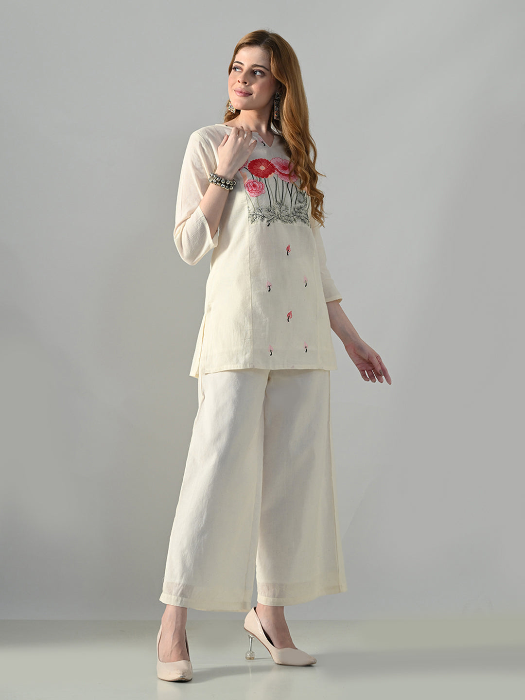 Myshka Women Off White Multicolor Thread Embroidered Co-Ord Set - Swadesiicart