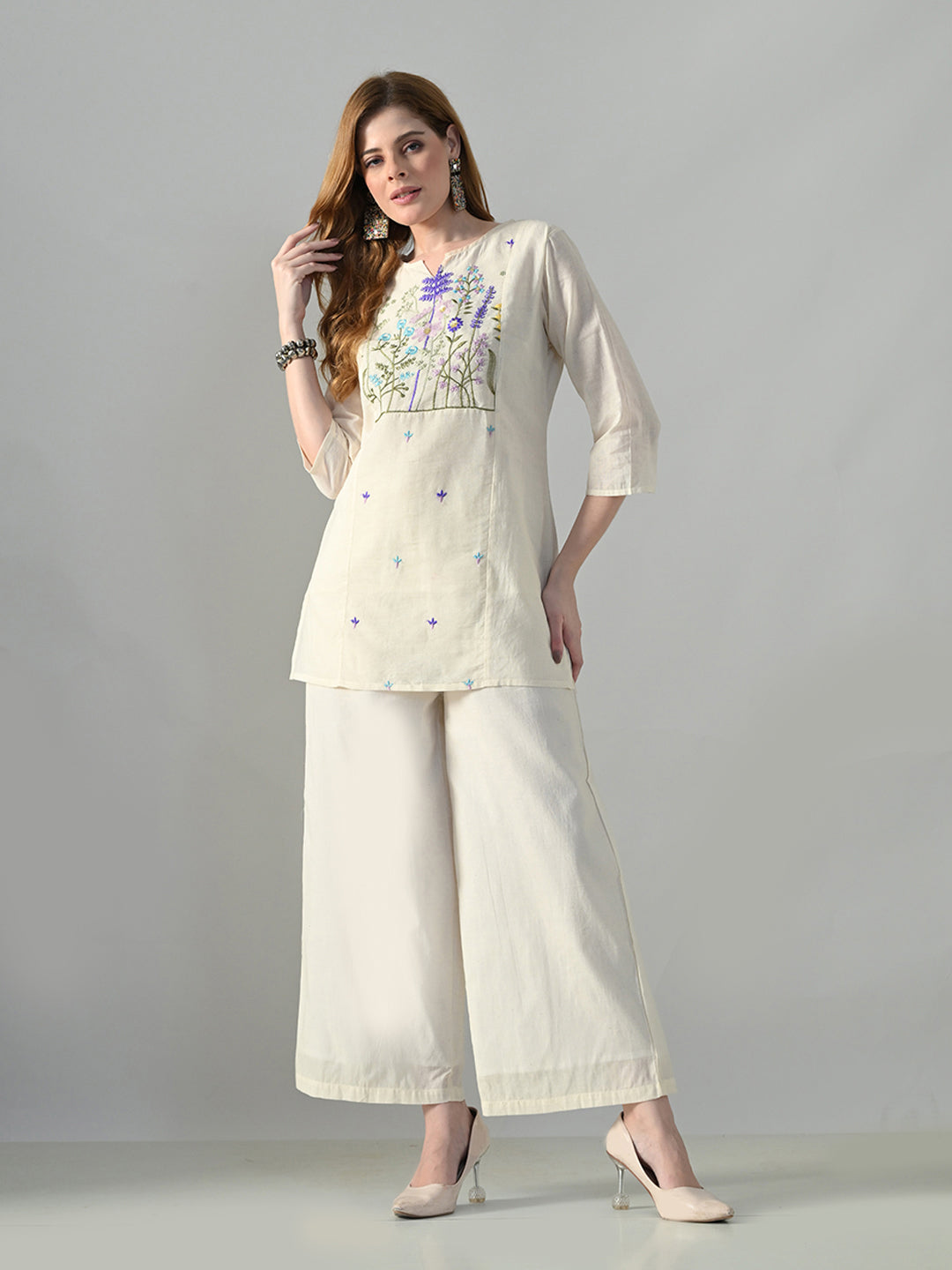 Myshka Women Off White Multicolor Thread Embroidered Co-Ord Set - Swadesiicart