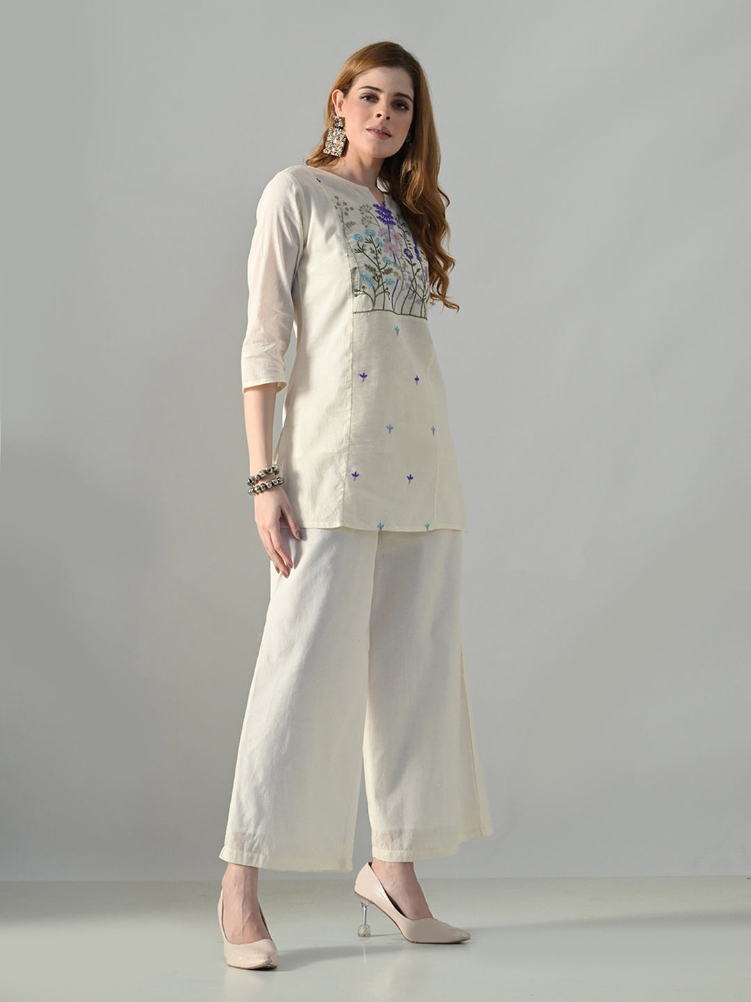 Myshka Women Off White Multicolor Thread Embroidered Co-Ord Set - Swadesiicart