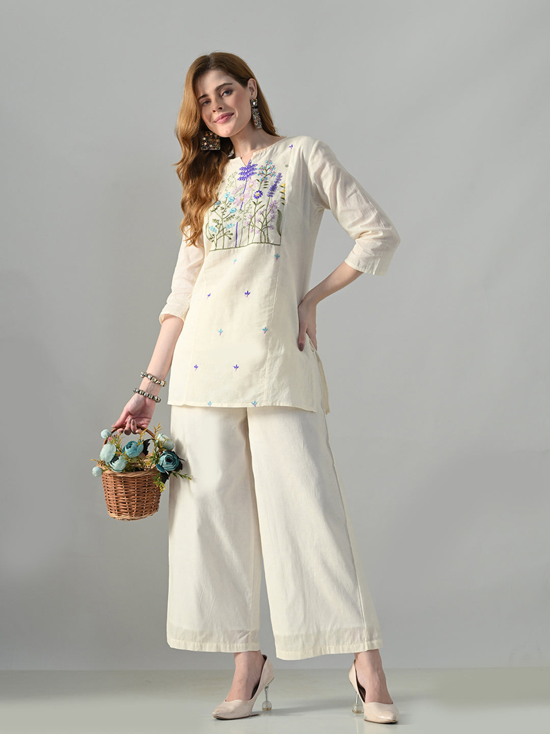Myshka Women Off White Multicolor Thread Embroidered Co-Ord Set - Swadesiicart