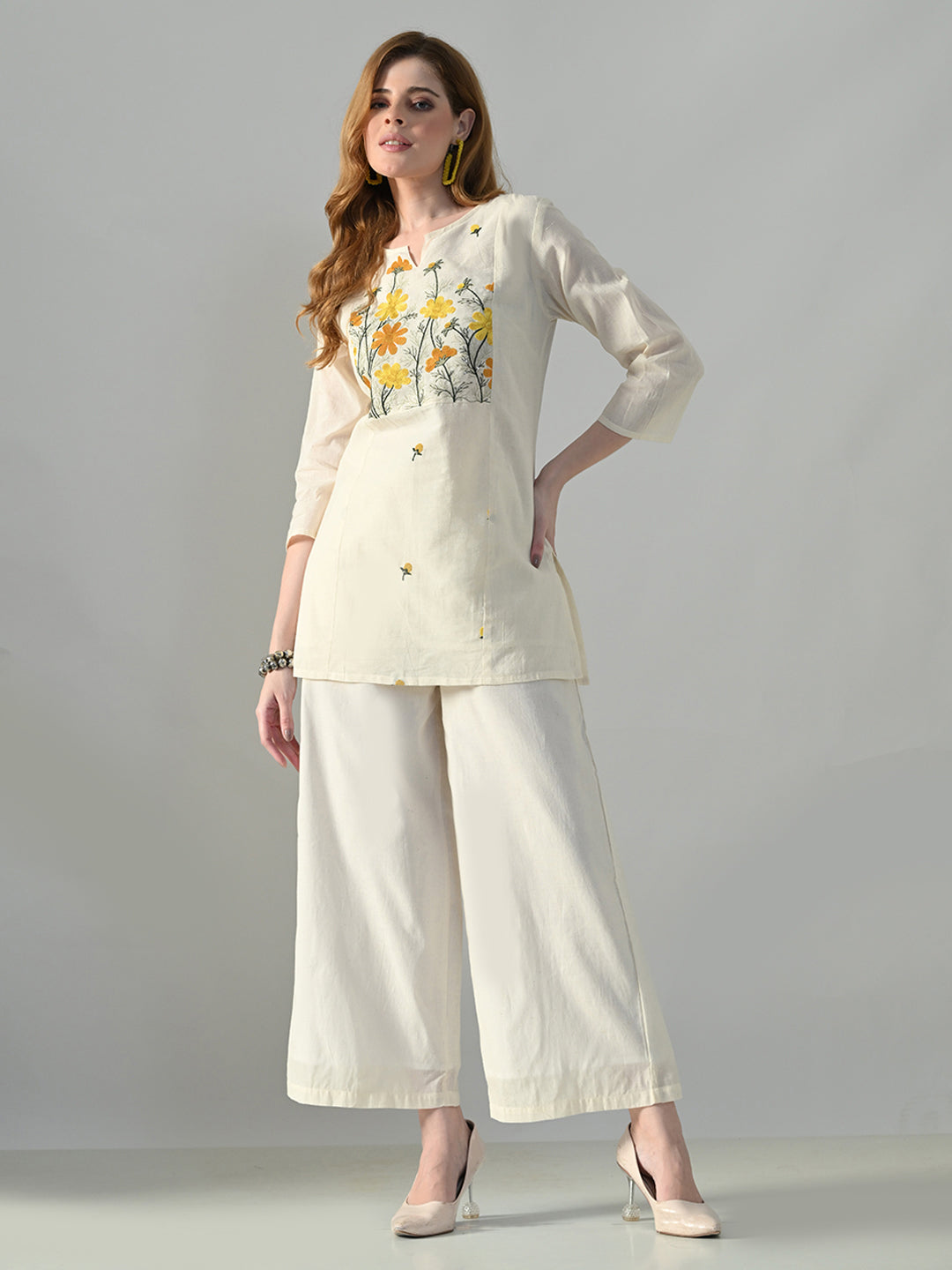 Myshka Women Off White Multicolor Thread Embroidered Co-Ord Set - Swadesiicart