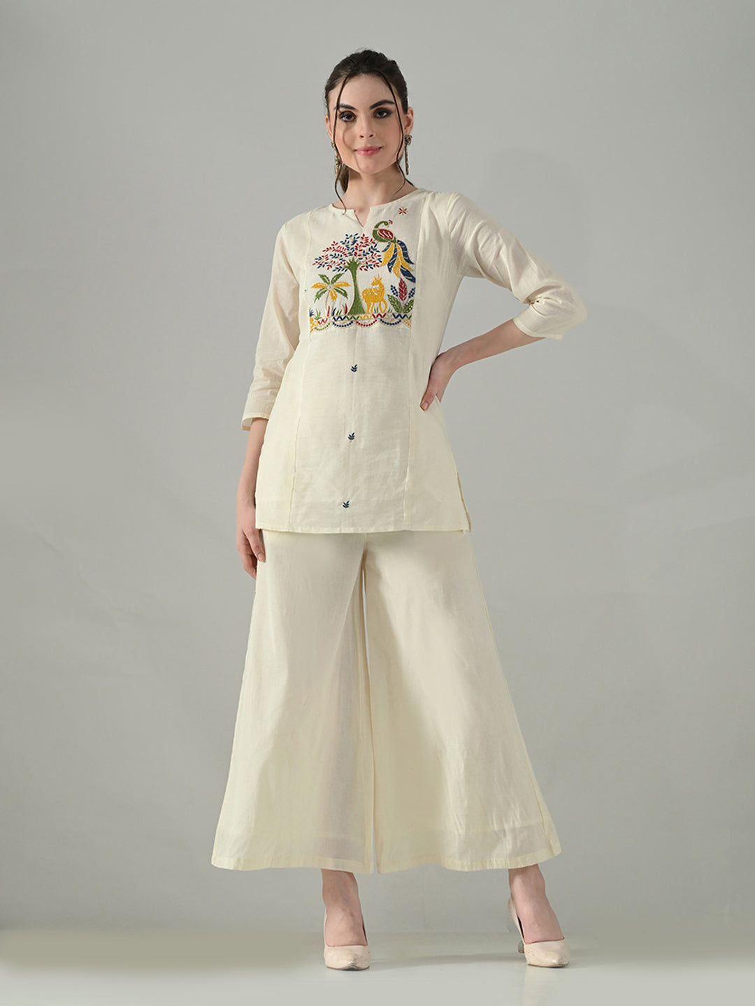 Myshka Women Off White Multicolor Thread Embroidered Co-Ord Set - Swadesiicart
