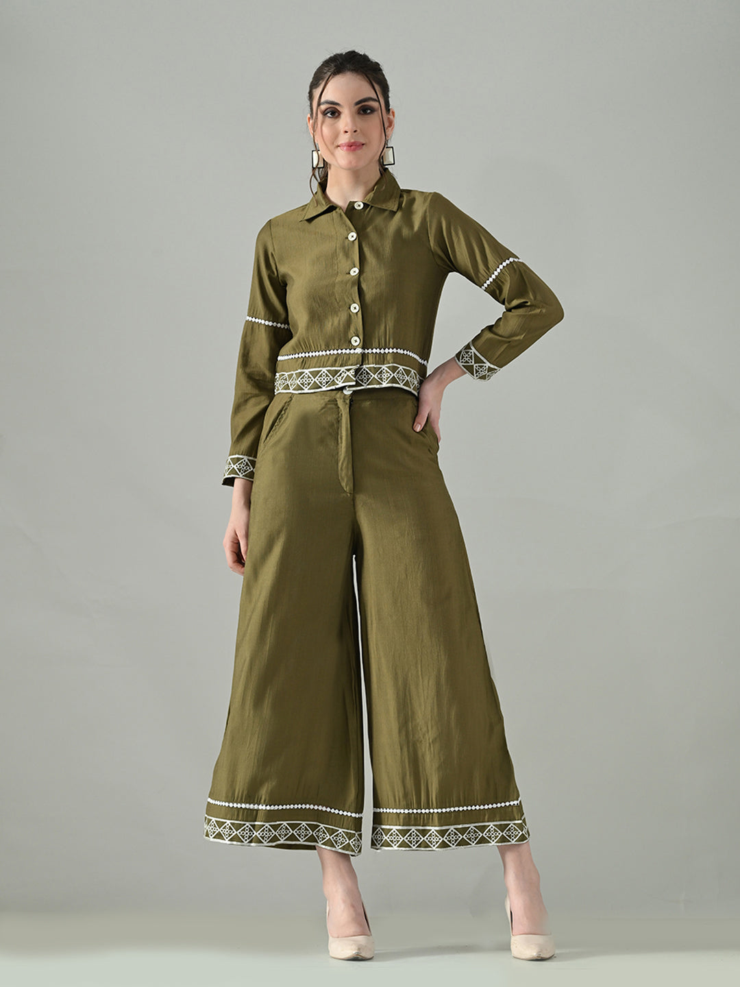 Myshka Women Olive Green Embroidered Co-Ord Set - Swadesiicart