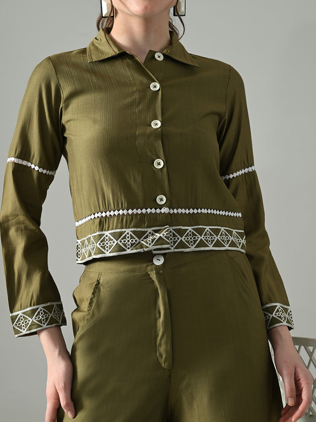 Myshka Women Olive Green Embroidered Co-Ord Set - Swadesiicart