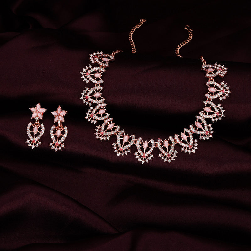 Tehzeeb Creations Baby Pink Colour Sparkle Stone Studded Necklace With Earrings - Swadesiicart
