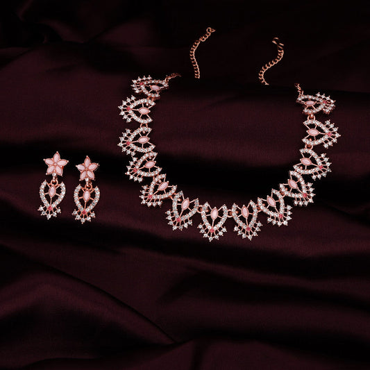 Tehzeeb Creations Baby Pink Colour Sparkle Stone Studded Necklace With Earrings - Swadesiicart
