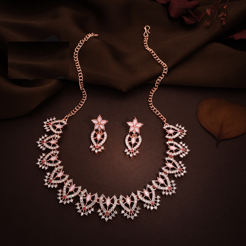 Tehzeeb Creations Baby Pink Colour Sparkle Stone Studded Necklace With Earrings - Swadesiicart