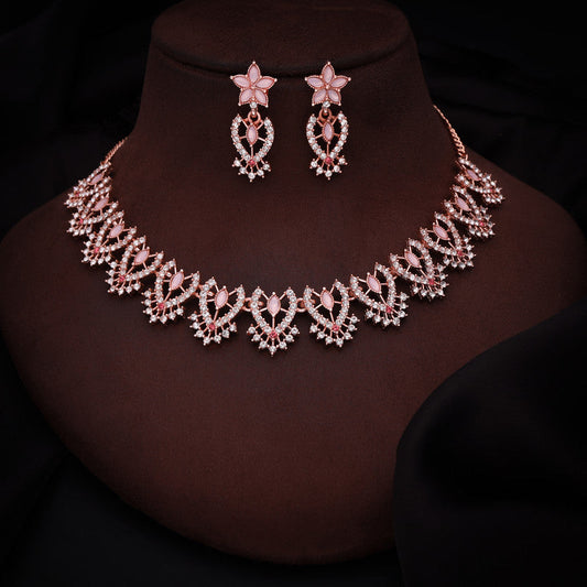 Tehzeeb Creations Baby Pink Colour Sparkle Stone Studded Necklace With Earrings - Swadesiicart
