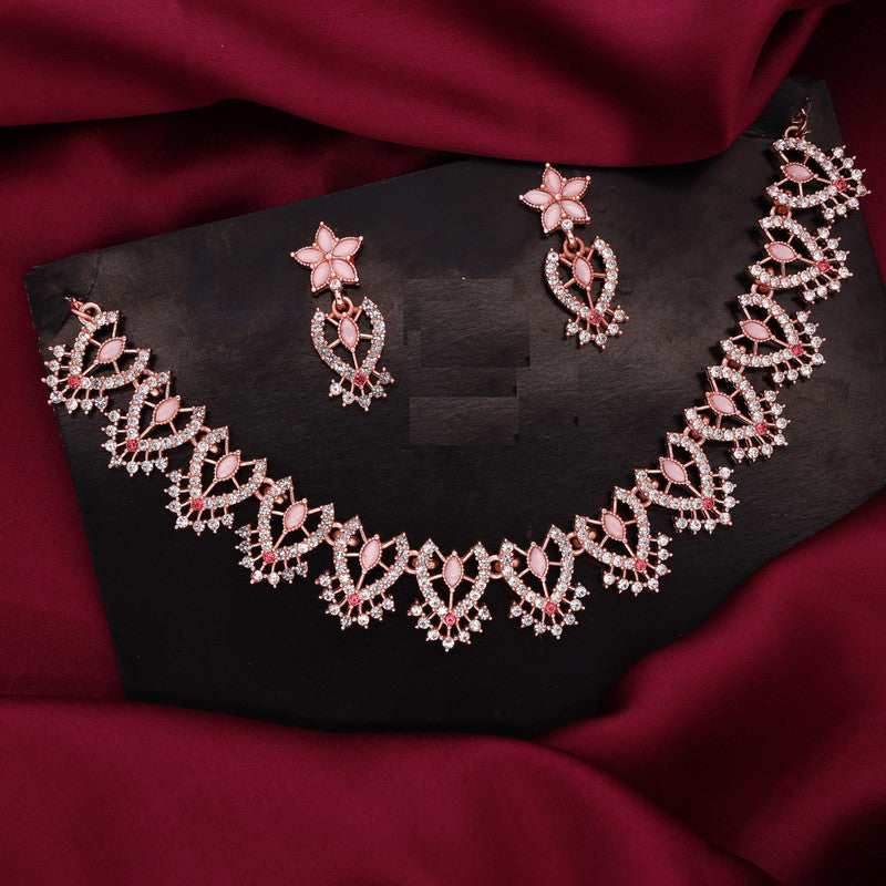 Tehzeeb Creations Baby Pink Colour Sparkle Stone Studded Necklace With Earrings - Swadesiicart