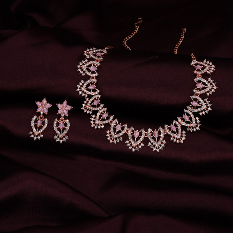 Tehzeeb Creations Lavender Colour Sparkle Stone Studded Necklace With Earrings - Swadesiicart