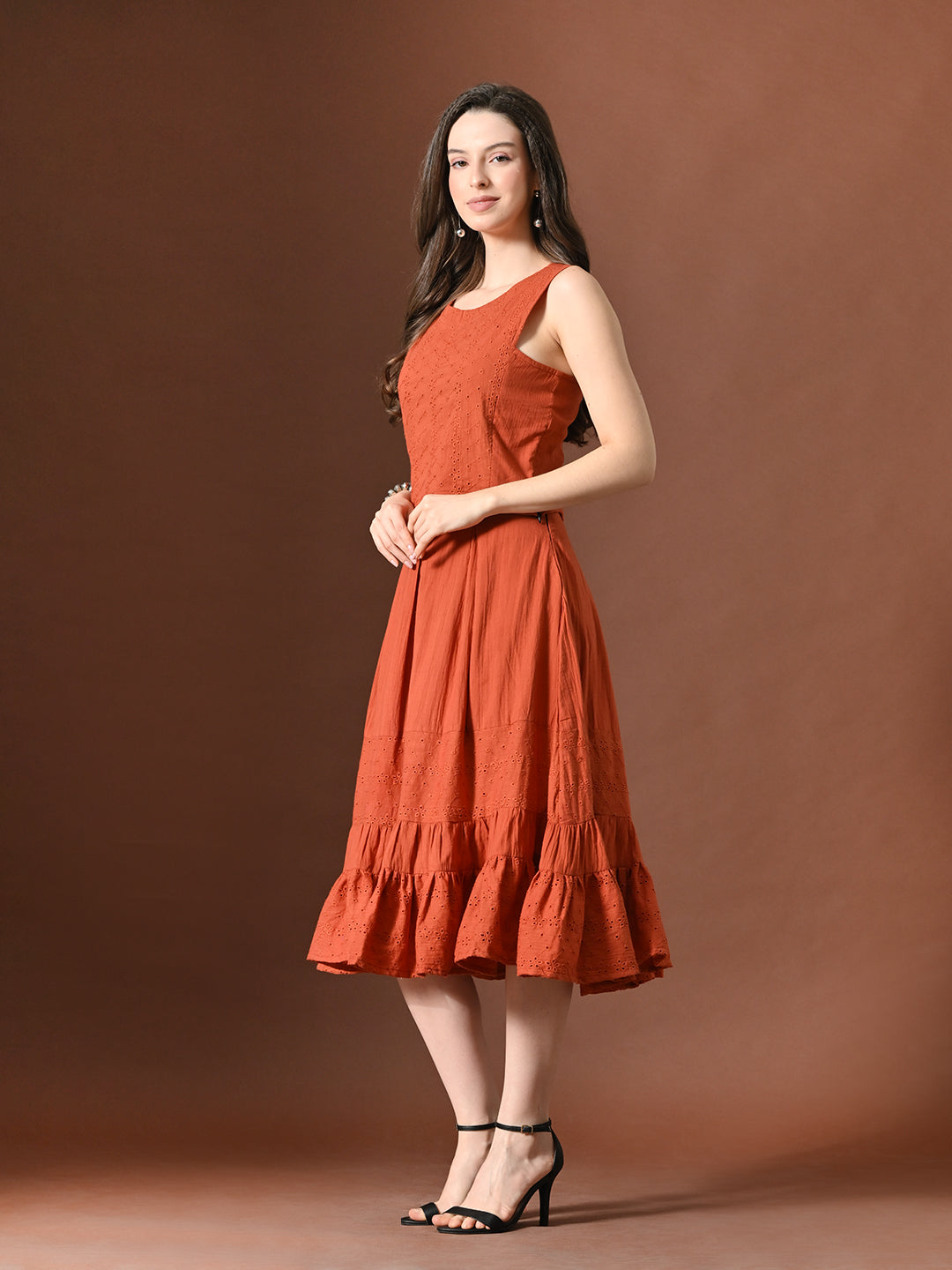 Myshka Women Rust Pure Cotton Sleeveless Schiffli Top and Flared Skirt - Swadesiicart