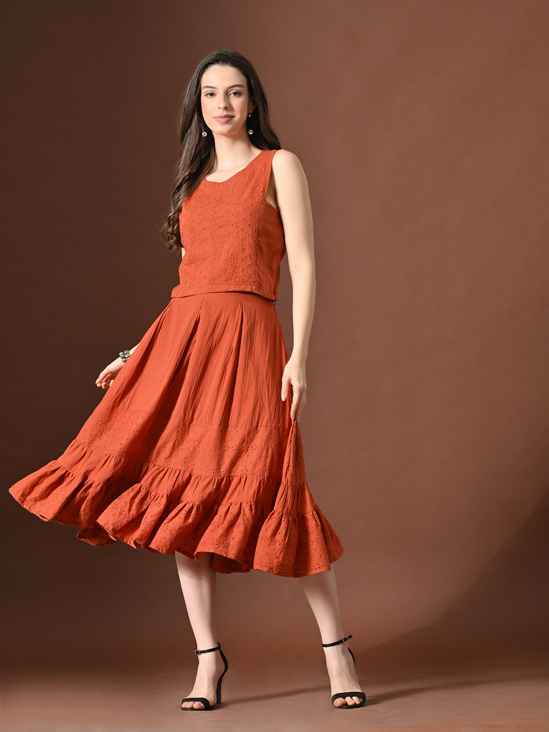 Myshka Women Rust Pure Cotton Sleeveless Schiffli Top and Flared Skirt - Swadesiicart
