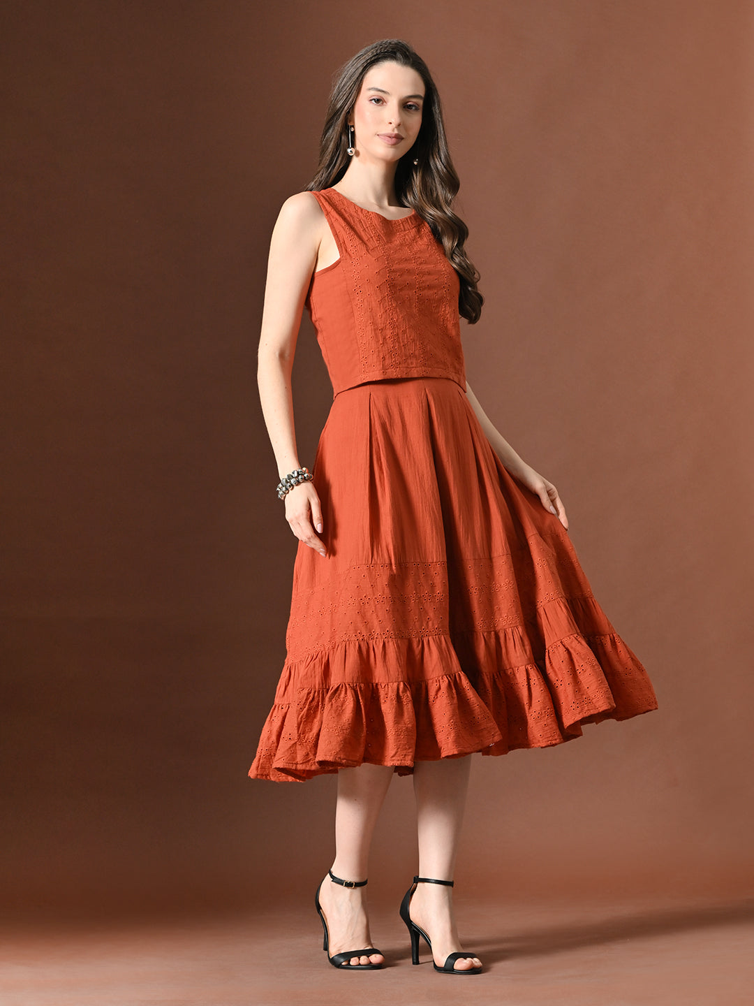 Myshka Women Rust Pure Cotton Sleeveless Schiffli Top and Flared Skirt - Swadesiicart