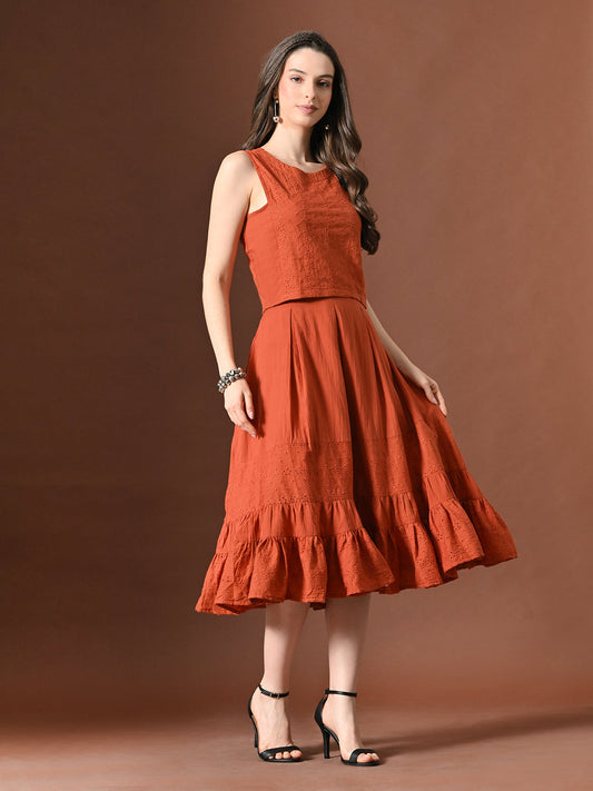 Myshka Women Rust Pure Cotton Sleeveless Schiffli Top and Flared Skirt - Swadesiicart