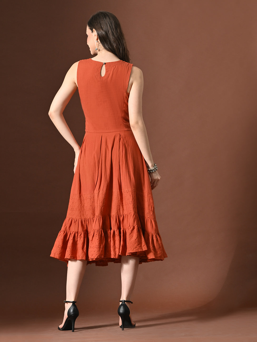 Myshka Women Rust Pure Cotton Sleeveless Schiffli Top and Flared Skirt - Swadesiicart