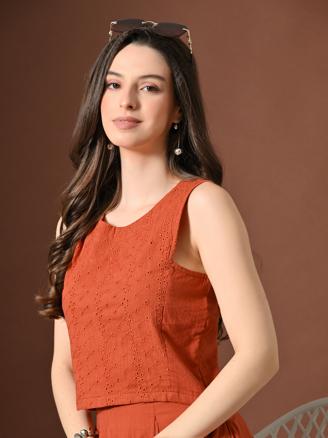 Myshka Women Rust Pure Cotton Sleeveless Schiffli Top and Flared Skirt - Swadesiicart