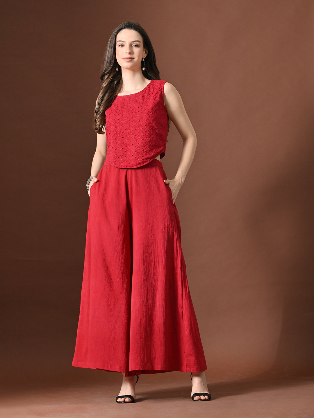 Myshka Women Red Pure Cotton Sleeveless Schiffli Top with Flared Trouser - Swadesiicart